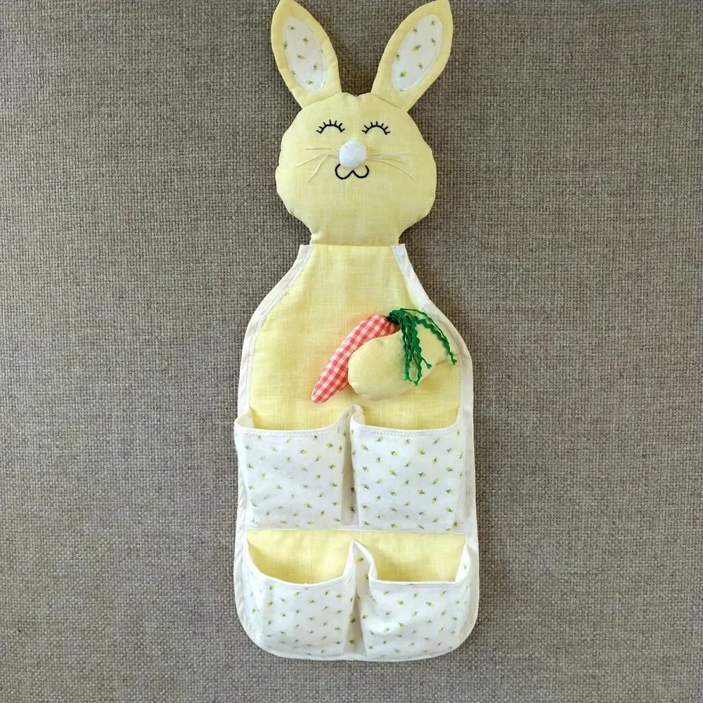 Vintage Nursery Fabric Hanging Baby Crib Storage Organizer  Pockets Yellow Bunny